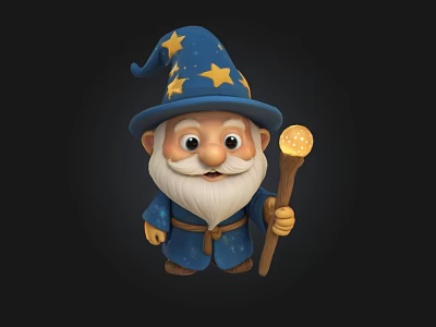 Cute Wizard Gnome Character With Blue Starry Hat White Beard And Glowing Magic Wand 3d model