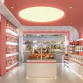 Family Dessert Shop Interior With Pink White Decor Display Cases And Fresh Bread