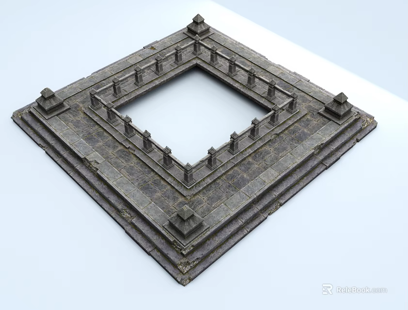 Ancient Architecture Square Shaped Stone Base With Multi Tiered Steps And Railing 3d model