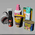 Various Japanese Packaged Food Products Including Cup Noodles Soy Sauce SPAM Can And Snacks