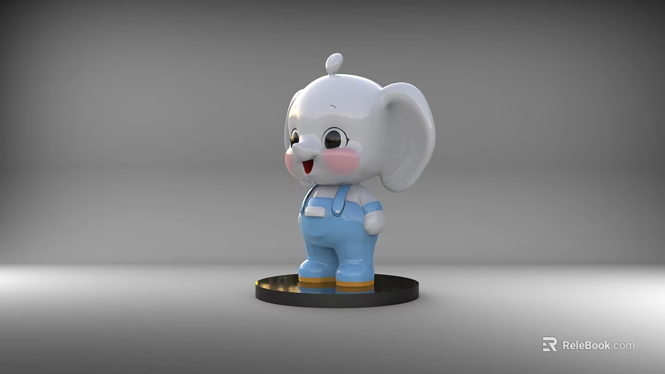 Cute Cartoon Elephant Sculpture with Blue Overalls Pink Cheeks and White Body on Black Base 3d model 