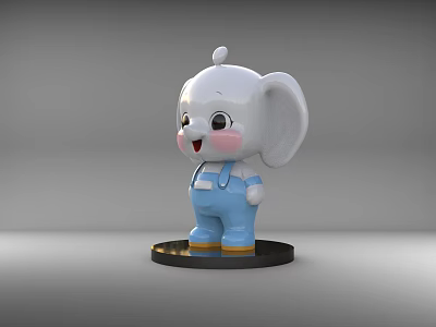 Cute Cartoon Elephant Sculpture with Blue Overalls Pink Cheeks and White Body on Black Base 3d model