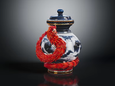 Blue and White Porcelain Jar With Red Phoenix Decorative Design And Blue Lid 3d model