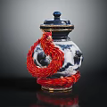 Blue and White Porcelain Jar With Red Phoenix Decorative Design And Blue Lid