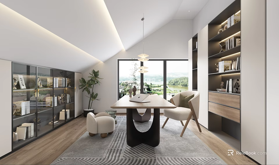 Modern Study Room Interior With Large Windows Lake View Bookshelves And Wooden Desk 3d model 