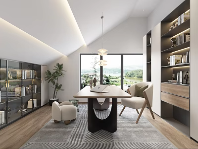 Modern Study Room Interior With Large Windows Lake View Bookshelves And Wooden Desk 3d model