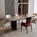 Modern Dining Table Set With Marble Top White Red Chairs Minimalist Lighting And Indoor Plant