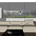 Modern Living and Dining Room Interior With Wooden Walls Round Pendant Light And Sofas
