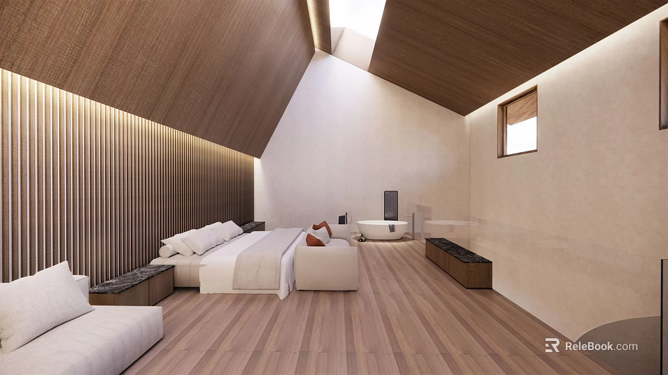Modern Hotel Guest Room With Wooden Ceiling Large Bed White Sheets Sofa And Wooden Flooring 3d model 