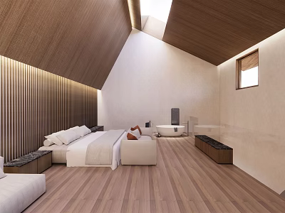 Modern Hotel Guest Room With Wooden Ceiling Large Bed White Sheets Sofa And Wooden Flooring 3d model