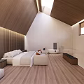 Modern Hotel Guest Room With Wooden Ceiling Large Bed White Sheets Sofa And Wooden Flooring