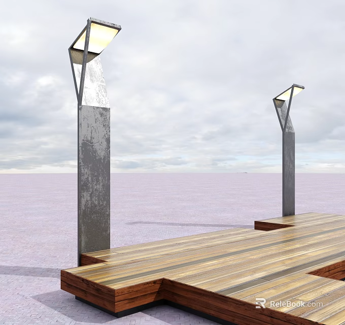 Modern Outdoor Lights With Metal Poles On Wooden Deck Scenic Open Sky 3d model 