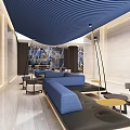 Hotel Lobby With Blue Wavy Ceiling Beige Walls And Modern Seating Furniture