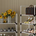 Modern Multilayer Metal Shoe Rack With Organized Shoes Storage And Decorative Flowers