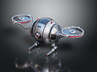 Mechanical Robot Character With Spherical Metallic Body Propellers Legs And Red Accents 3d model