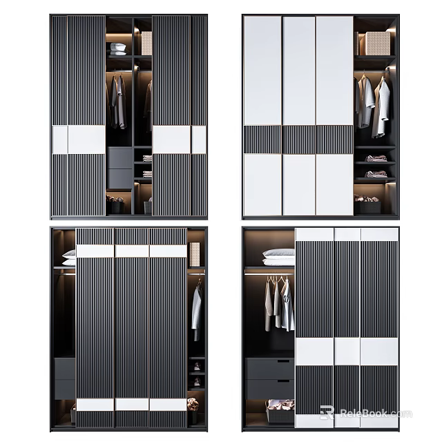 Modern Wardrobe Design With Sliding Doors Black And White Interior Storage Shelves Hanging Rails 3d model 