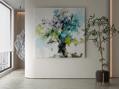 Abstract Painting With Colorful Hues On White Wall In Modern Interior With Potted Plant 3d model