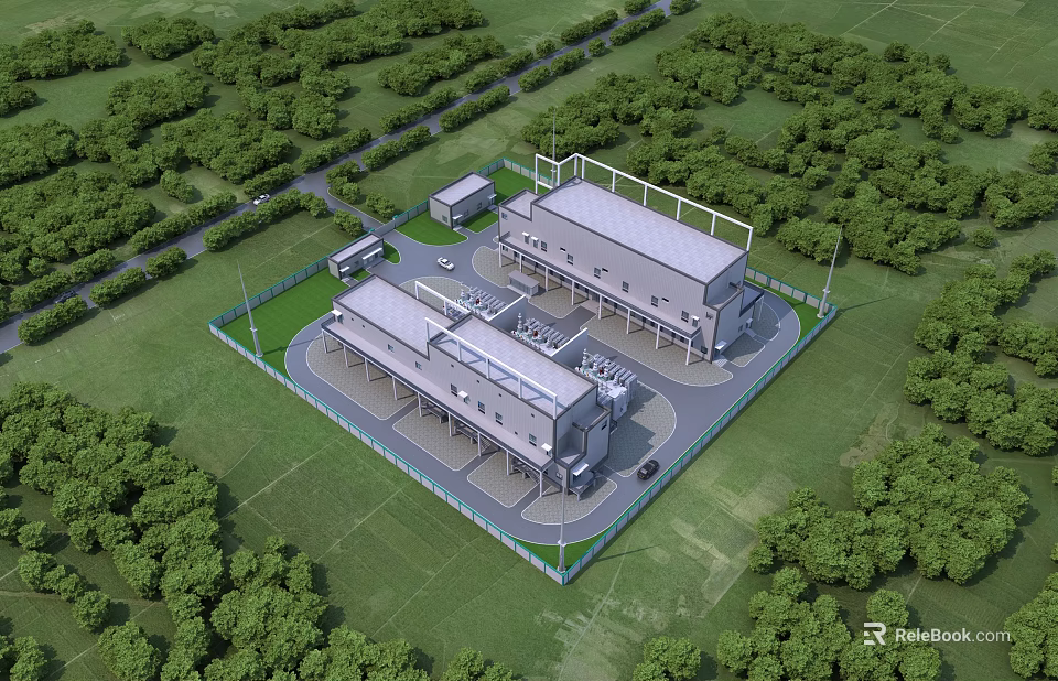 Modern Industrial Factory Design with Green Surroundings Road Access and Aerial Layout 3d model 