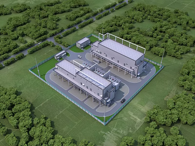 Modern Industrial Factory Design with Green Surroundings Road Access and Aerial Layout 3d model