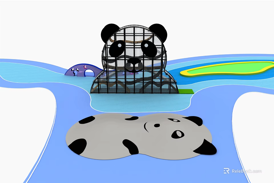 Panda Themed Playground Equipment With Net Structure And Floating Water Elements 3d model