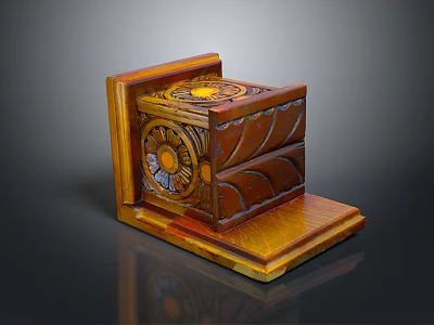 Carved Brown Yellow Wooden Storage Box With Floral Geometric Patterns And Drawers 3d model