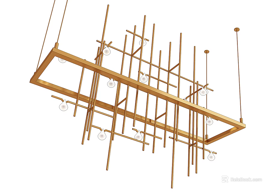 Sleek Modern Gold Metal Chandelier Featuring Geometric Slim Bars And Multiple Bulbs 3d model 