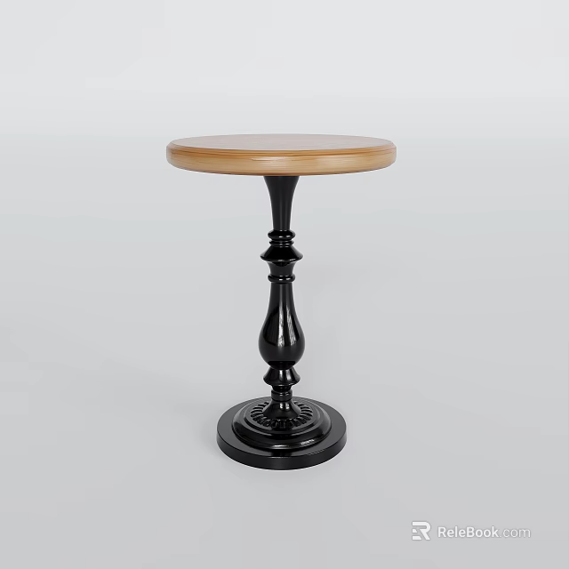 Round Wooden Top Side Table With Decorative Black Pedestal Base Design 3d model
