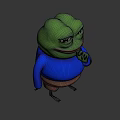 3D Sad Frog Model in Blue Shirt Brown Shorts With Finger on Mouth Gray Background