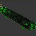 Skateboard Deck Featuring Green Flame Design Black Sun Patterns And Orange Trim