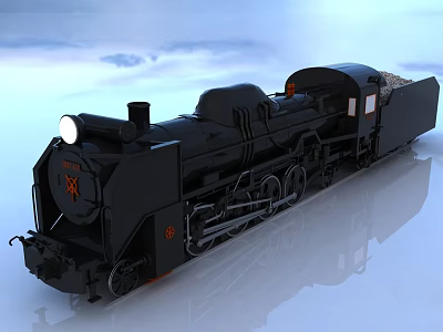 Vintage Black Steam Train With Headlight Coal Tender And Red Star Emblem On Shiny Surface 3d model