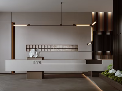 Modern Reception Desk Interior With White Countertop Wooden Accents And Pendant Lights 3d model