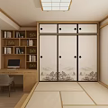 Tatami Bedroom Interior Design With Wooden Storage Cabinets Sliding Doors And Bookshelf