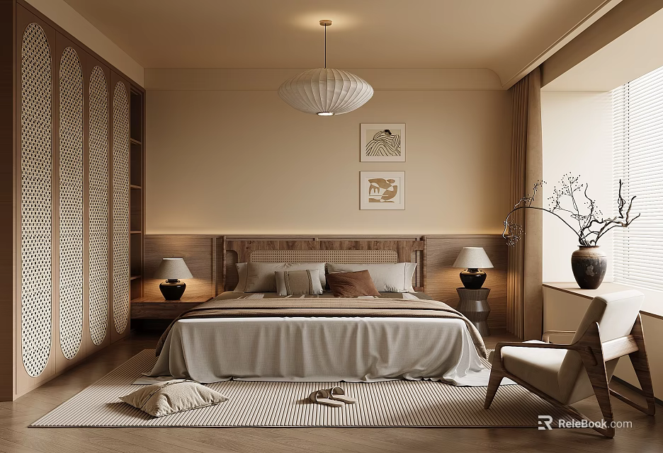 Elegant Modern Bedroom Interior With Beige Tones Wooden Headboard Ceiling Lamp And Decorative Paintings 3d model 