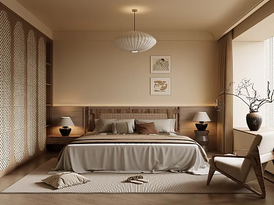 Elegant Modern Bedroom Interior With Beige Tones Wooden Headboard Ceiling Lamp And Decorative Paintings 3d model