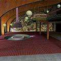 Hotel Lobby With Curved Wooden Structure Red Carpet And Hanging White Spherical Lights