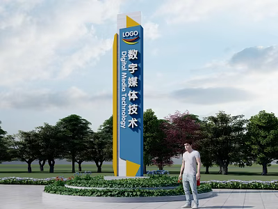 Outdoor Digital Media Technology Billboard With Blue Yellow Design Surrounded By Green Plants And Trees 3d model