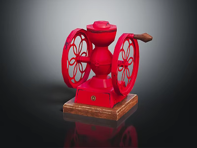Red Manual Kitchen Grinder Appliance with Wooden Base and Decorative Wheel Design 3d model