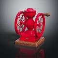 Red Manual Kitchen Grinder Appliance with Wooden Base and Decorative Wheel Design