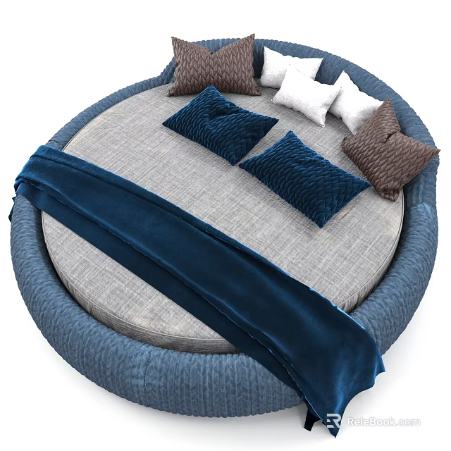 Stylish Round Bed Interior Design With Gray Mattress Blue Blanket And Assorted Pillows 3d model 