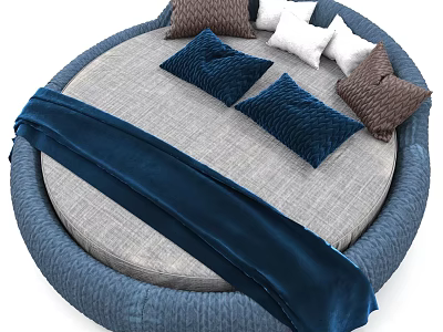 Stylish Round Bed Interior Design With Gray Mattress Blue Blanket And Assorted Pillows 3d model