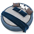 Stylish Round Bed Interior Design With Gray Mattress Blue Blanket And Assorted Pillows