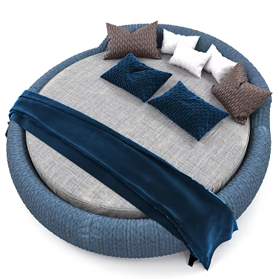 Stylish Round Bed Interior Design With Gray Mattress Blue Blanket And Assorted Pillows 3d model