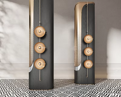 Modern Black And Gold Columns With Circular Ornaments And Geometric Floor Design 3d model