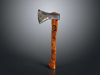 Traditional Axe With Metal Blade And Wooden Handle Featuring Intricate Carvings 3d model