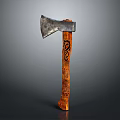 Traditional Axe With Metal Blade And Wooden Handle Featuring Intricate Carvings