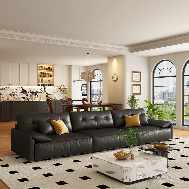 Stylish Living Room Interior With Black Leather Sofa Yellow Cushions Green Plant And Arched Windows 3d model 