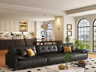 Stylish Living Room Interior With Black Leather Sofa Yellow Cushions Green Plant And Arched Windows 3d model