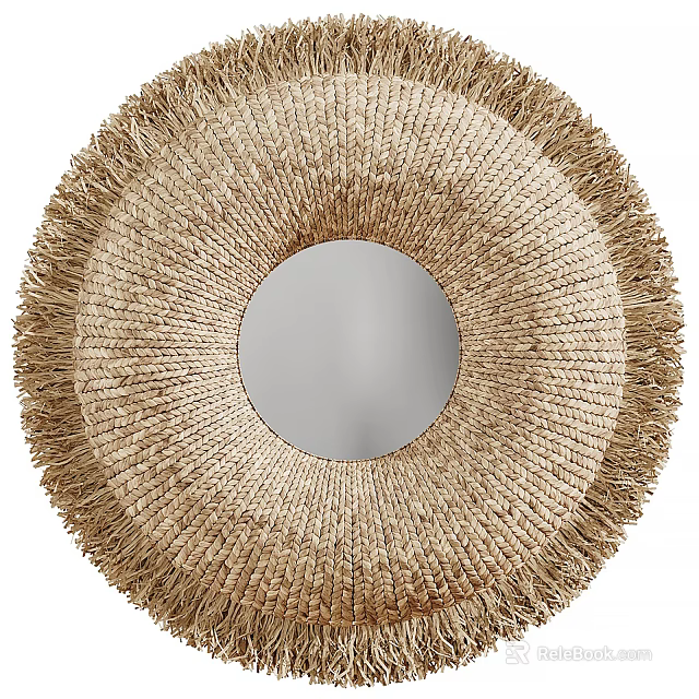 Natural Woven Round Wall Hanging With Mirror Center And Fringe Edge 3d model 