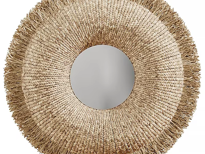 Natural Woven Round Wall Hanging With Mirror Center And Fringe Edge 3d model
