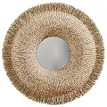 Natural Woven Round Wall Hanging With Mirror Center And Fringe Edge